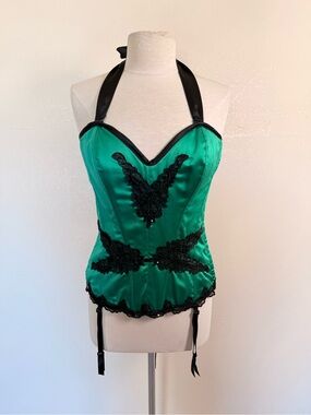 Vintage Y2K Burlesque Lace Green Corset Satin Bustier Pin Up Coquette Fredericks
